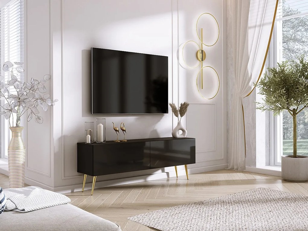 Szafka RTV: czarny matowy/czarny błyszczący, złote nogi, 140 x 52 x 32 cm