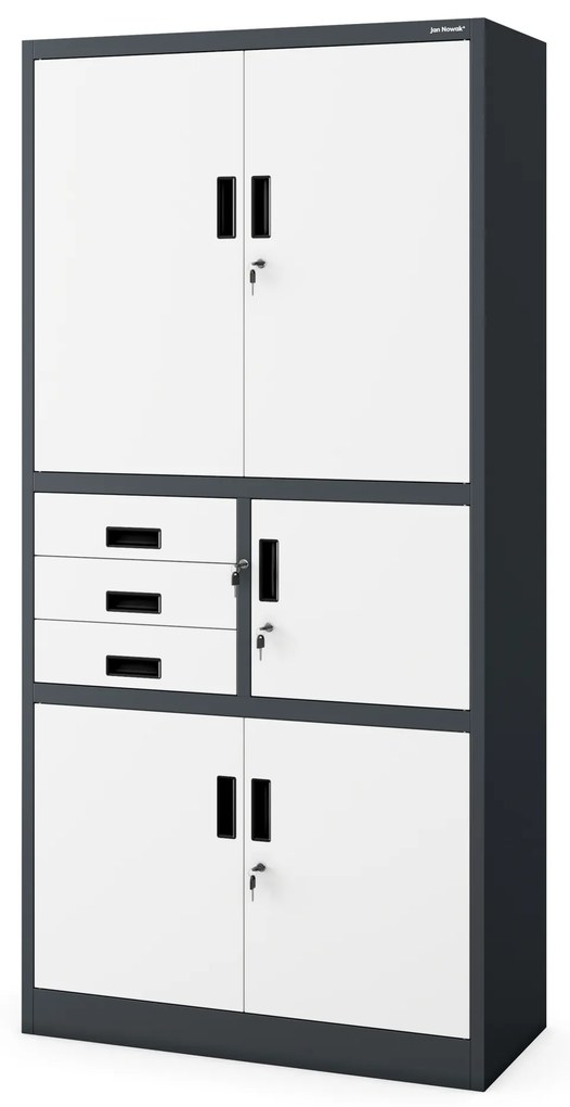 Biurowa szafa metalowa z sejfem na akta i dokumenty FILIP II, 900 x 1850 x 400 mm, antracytowo-biała