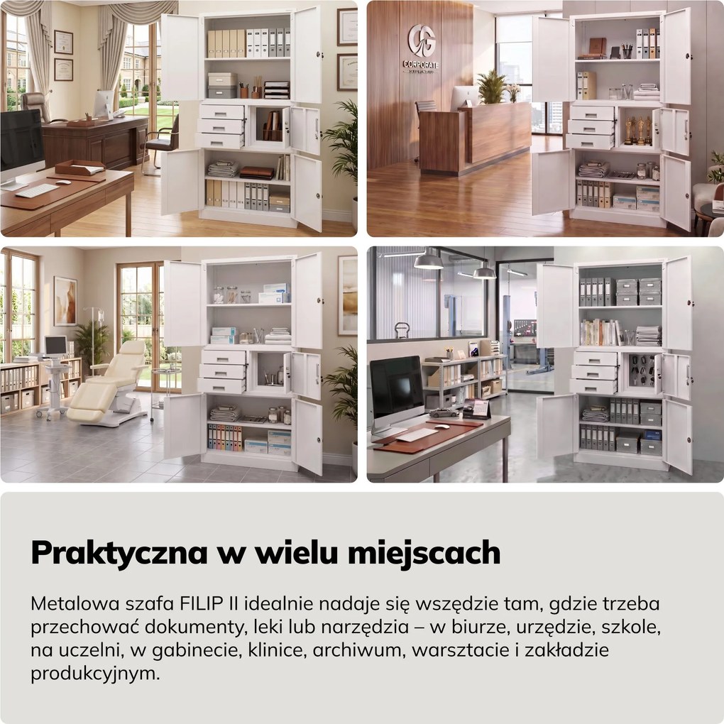 Szafa biurowa metalowa z sejfem biała, 900x1850x400 mm: FILIP II