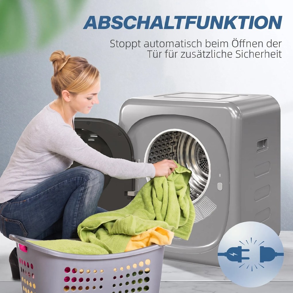 HOMCOM Suszarka wentylacyjna 4 kg z trybem Smart, 800 W, kompaktowa suszarka z bębnem ze stali nierdzewnej, srebrna | Aosom PL