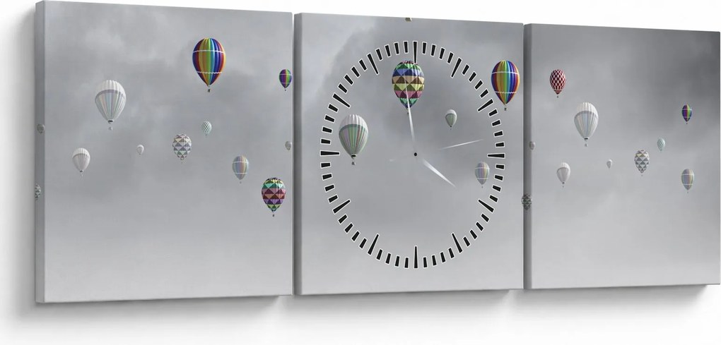 Obraz - Balony nad ceglaną ścianą (z zegarem) (90x30 cm)