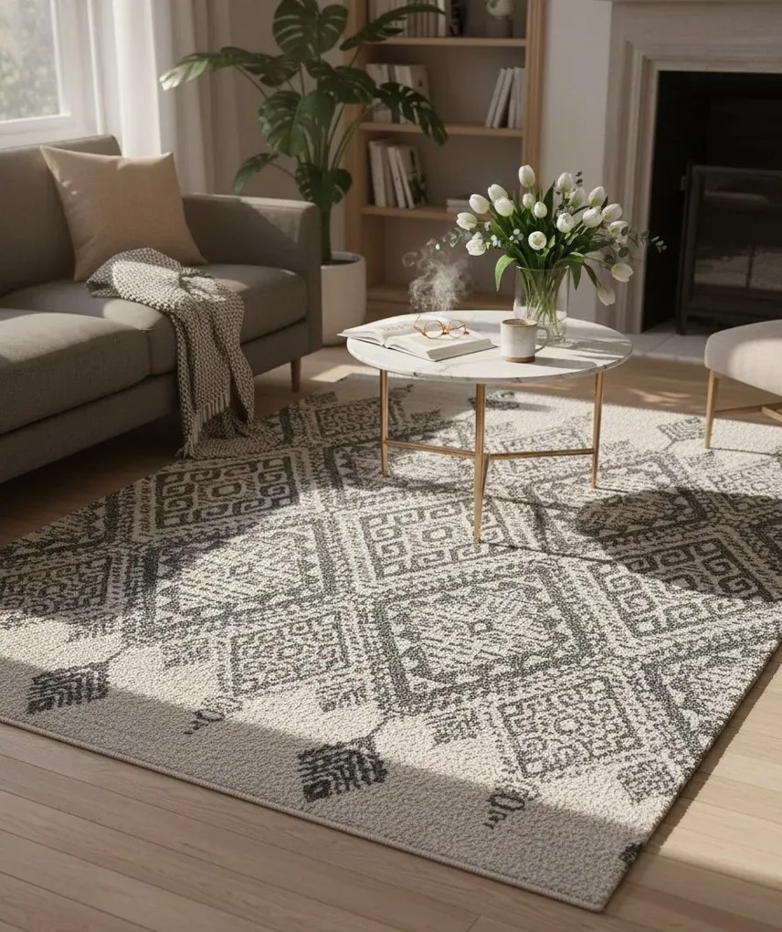 Szary prostokątny dywan z wzorami E5-P04