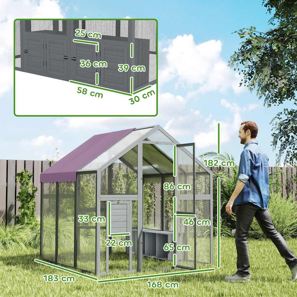 PawHut Wybieg dla kur z wodoodpornym dachem, 2 budki lęgowe, 2 siedzenia, dla 6-8 kur, ok. 1,7 x 1,8 x 1,8 m