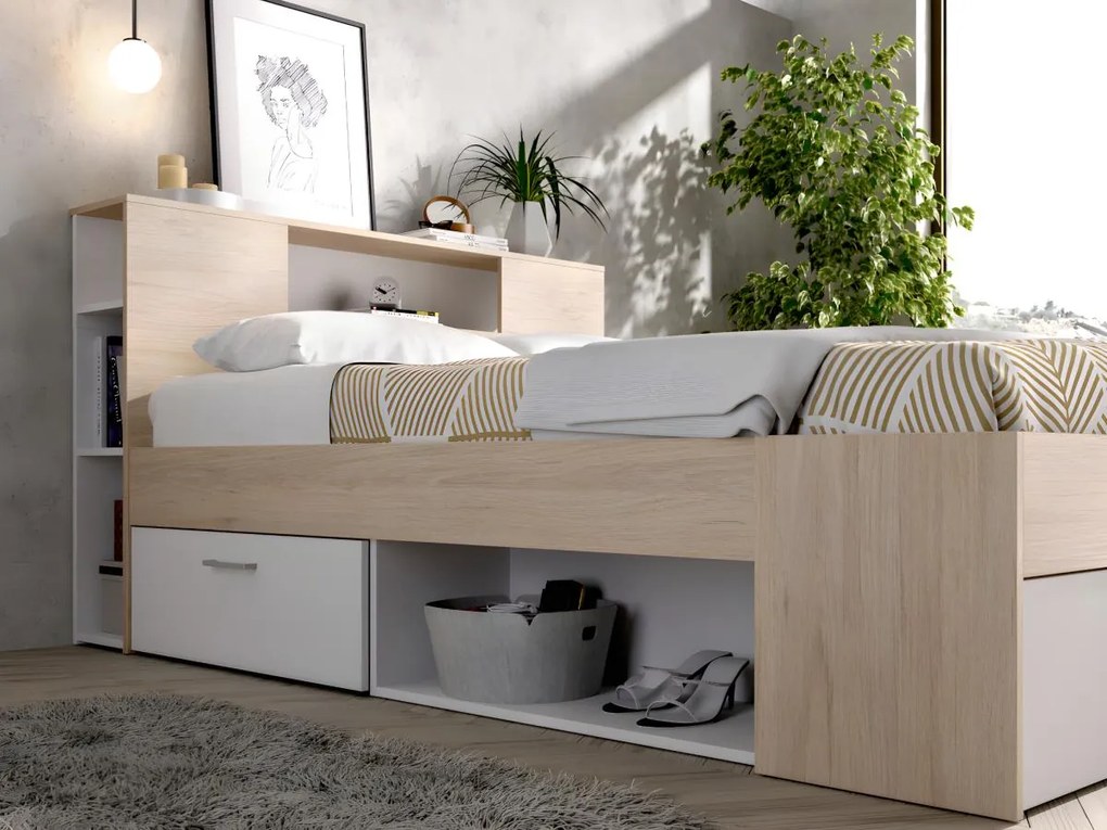 Łóżko ze schowkiem i szufladami - 140 x 190 cm - Kolor: Naturalny i biały + Stelaż - LEANDRE