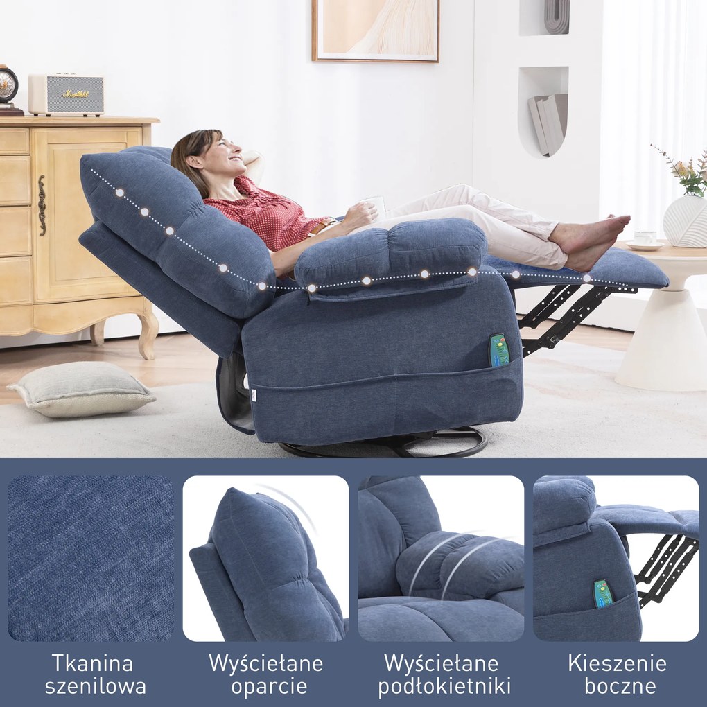 HOMCOM Fotel Masażer z Funkcją Ogrzewania i Leżenia, Obrotowy, do 150 kg, Konstrukcja Metalowa, 98x90x98cm, Niebieski | Aosom PL