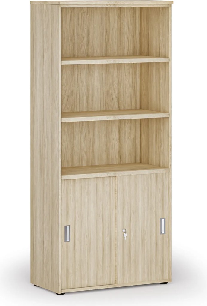 Szafa biurowa kombinowana PRIMO WOOD, drzwi przesuwne na 2 poziomach, 800 x 420 x 1781 mm, dąb naturalny