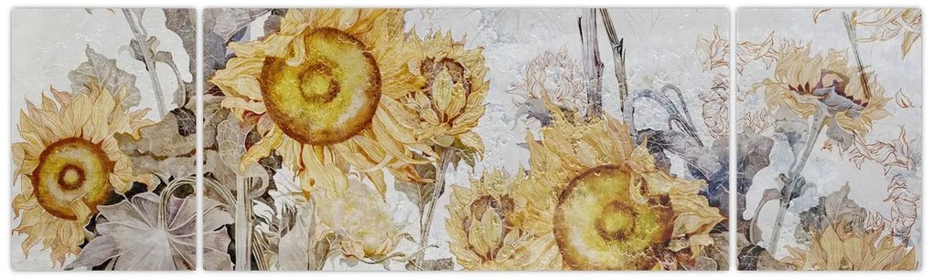 Obraz - Słoneczniki na ścianie (170x50 cm)