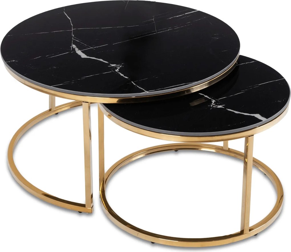 Zestaw Stolików Kawowych MILANO 60 cm/80 cm Czarny Marmur/Złoty Glamour