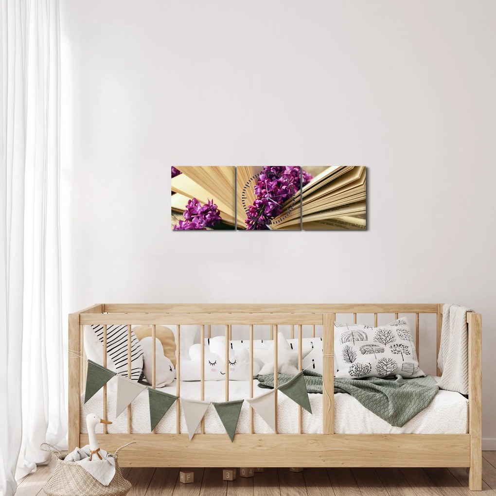 Obraz książki z lawendą (z zegarem) (90x30 cm)