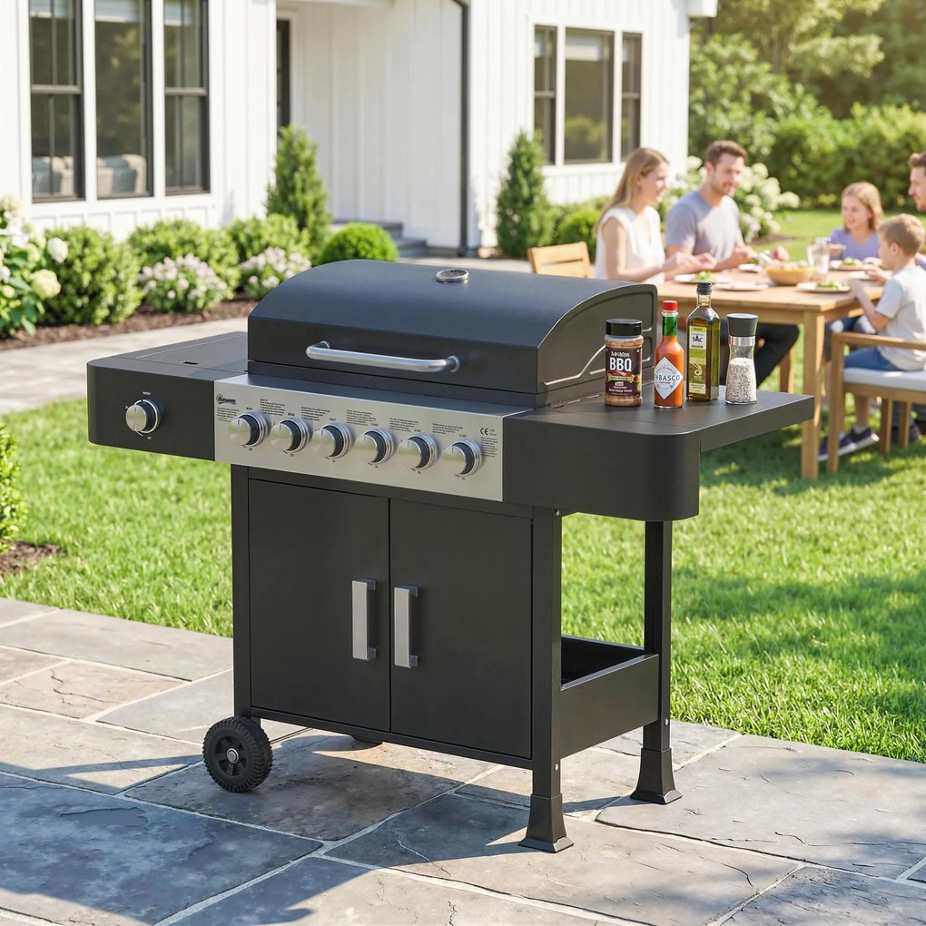 Outsunny Grill gazowy 17,8 kW 6+1 palników Wózek BBQ ze stali nierdzewnej z kółkami Palnik boczny Termometr Emaliowany ruszt | Aosom PL