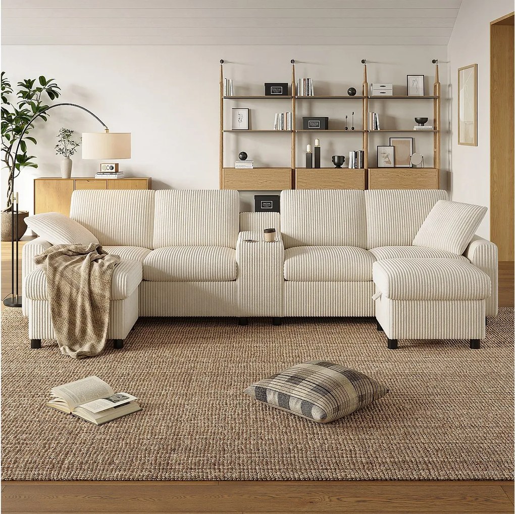 Narożnik z 2 podnóżkami ze schowkiem + 2 uchwytami na kubki + 1 portem USB i gniazdkami - 315 x 135 x 81 cm - aksamit - beżowy