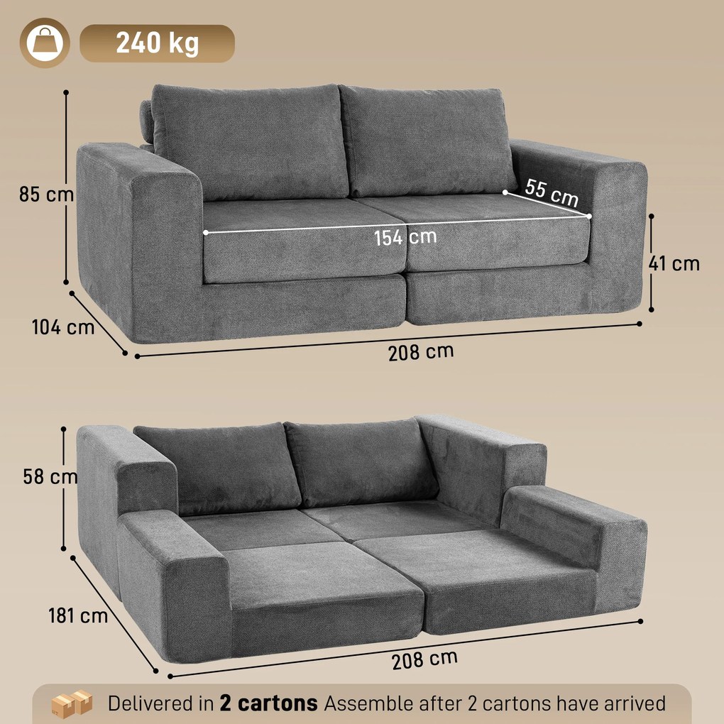 HOMCOM Sofa rozkładana 4-w-1 z funkcją spania, rozkładana, poduszki, 2-osobowa, szara | Aosom PL