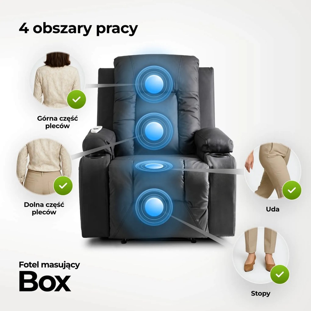 Fotel Masujący BOX Rozkładany Wypoczynkowy z Podnóżkiem Czarny Ekoskóra Nowoczesny