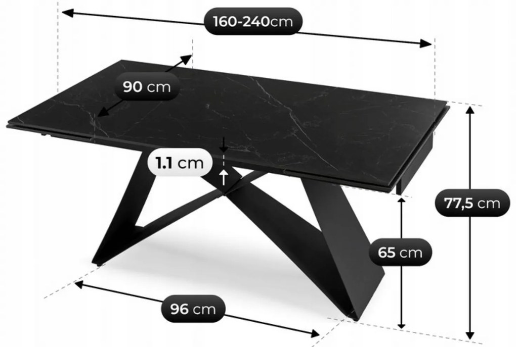 Stół Rozkładany Prostokątny VICTOR 160-240 cm Ceramiczny Czarny do Jadalni Nowoczesny Loft