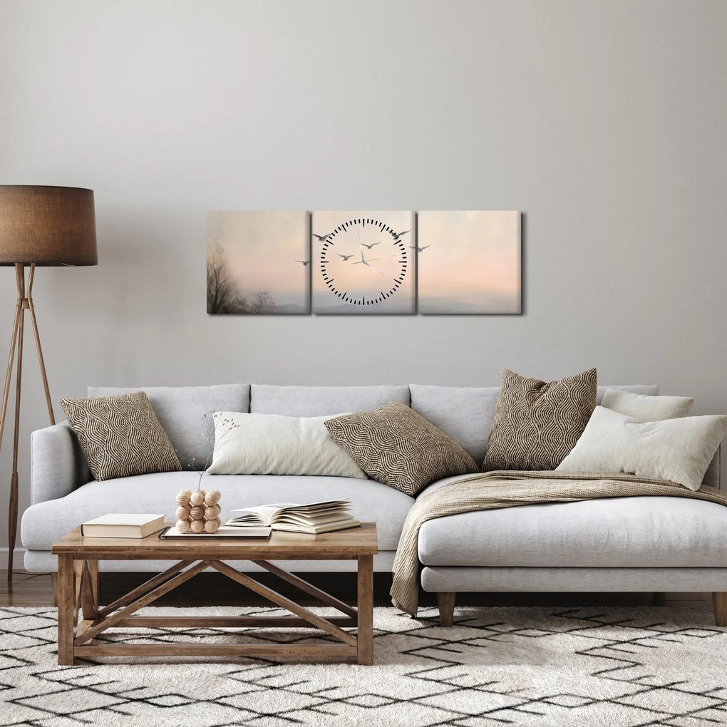Obraz - Stado ptaków (z zegarem) (90x30 cm)