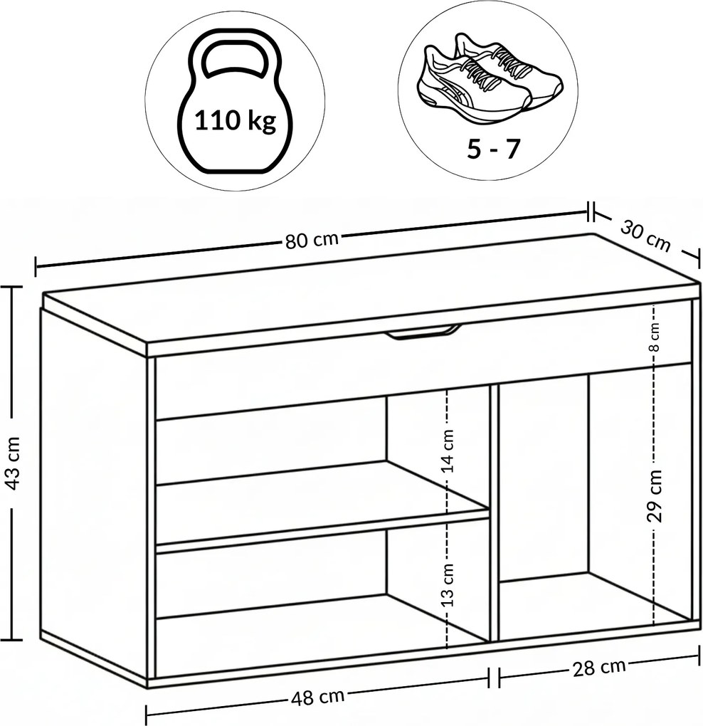 Szafka na buty z siedziskiem TRIA, 80 x 30 x 43 cm