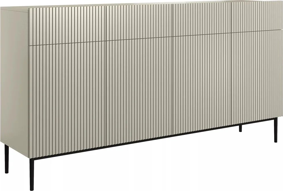 Komoda Nicole 200 cm czterodrzwiowa z szufladami z ryflowanym frontem - kaszmir / czarne nóżki