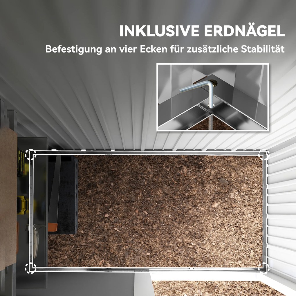 Outsunny Szopa ogrodowa, zewnętrzna szopa z blachy falistej, design ścian, regulowane półki, zamykane drzwi ciemnoszary