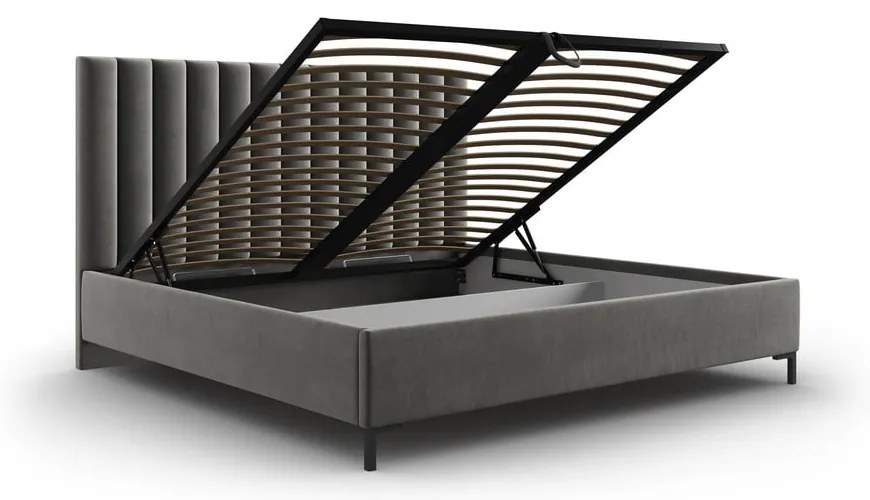 Szare tapicerowane łóżko dwuosobowe ze schowkiem i stelażem 140x200 cm Casey – Mazzini Beds
