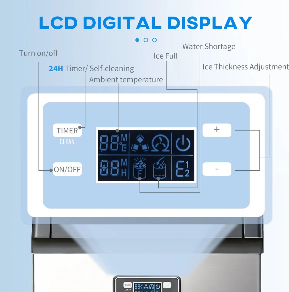 HOMCOM Komercyjna maszyna do kostek lodu 45 kg/24H z 11 kg zbiornikiem, wyświetlacz LCD do restauracji | Aosom PL