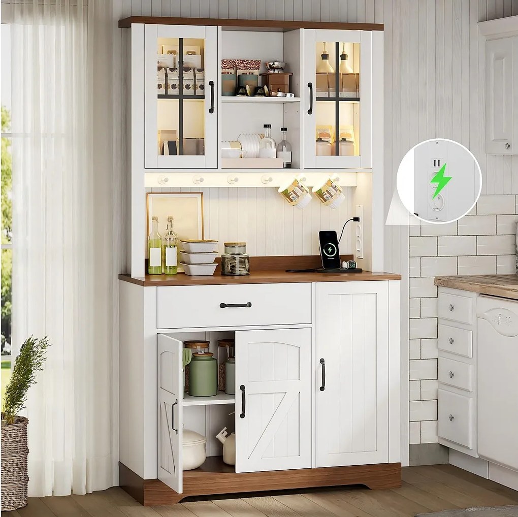 Kredens kuchenny w stylu stodoły - 105 x 40 x 185 cm - z szufladą, diodami LED i gniazdkami oraz 5 drzwiami - MDF - biały