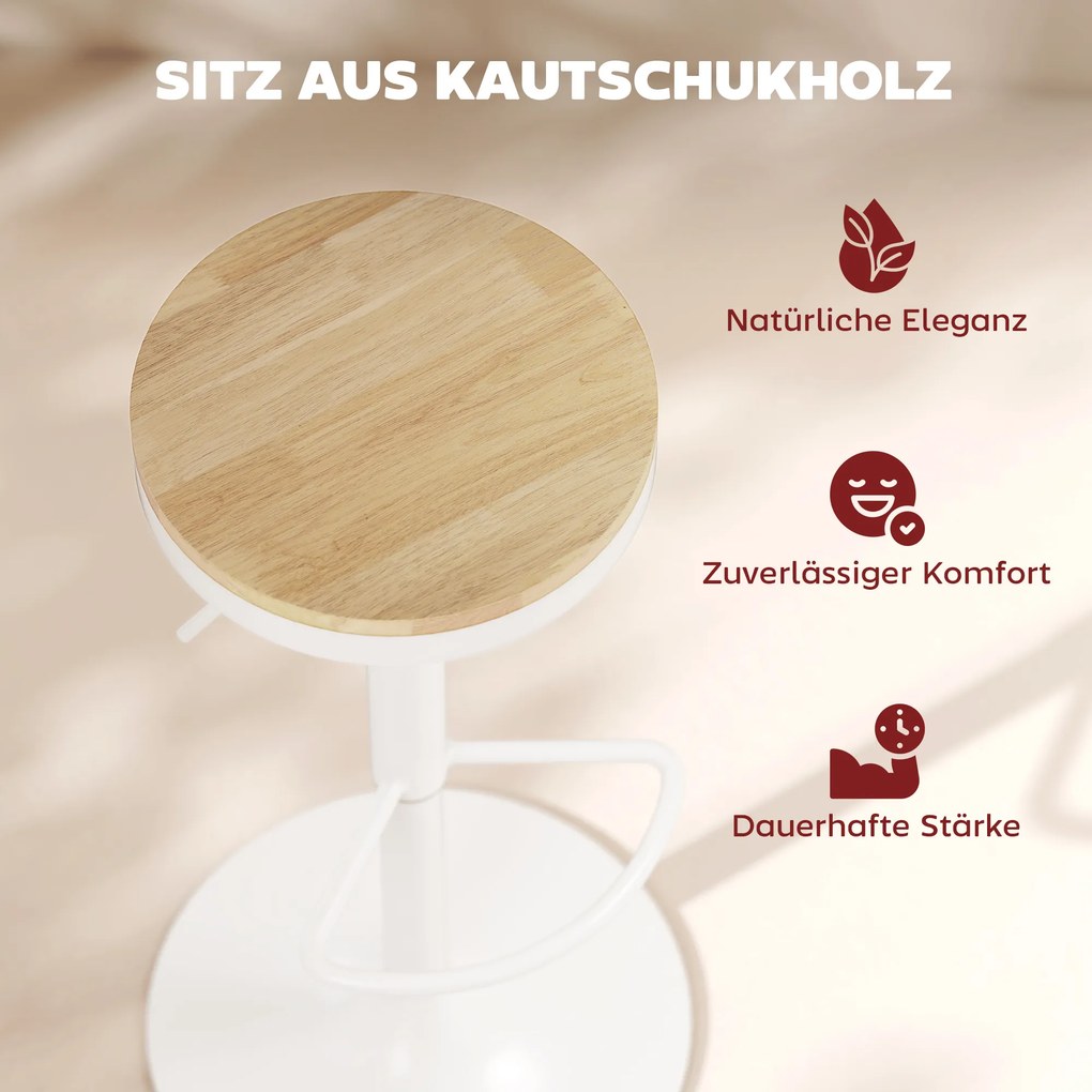HOMCOM Stołki barowe 2 szt., regulowane, obrotowe 360° z ramą stalową i podnóżkiem 38,5x38,5x60-80 cm Drewno naturalne+Biały | Aosom PL