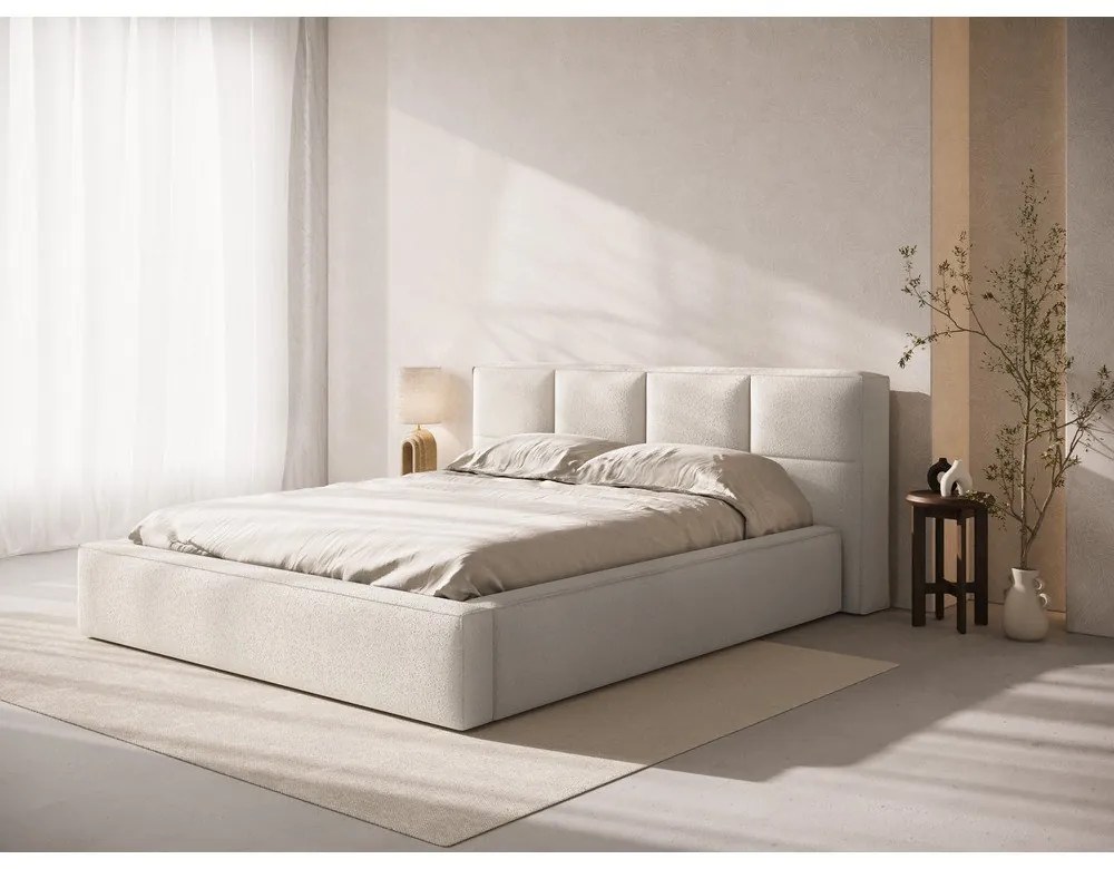 Kremowe tapicerowane łóżko dwuosobowe ze schowkiem i stelażem 160x200 cm Simon – Micadoni
