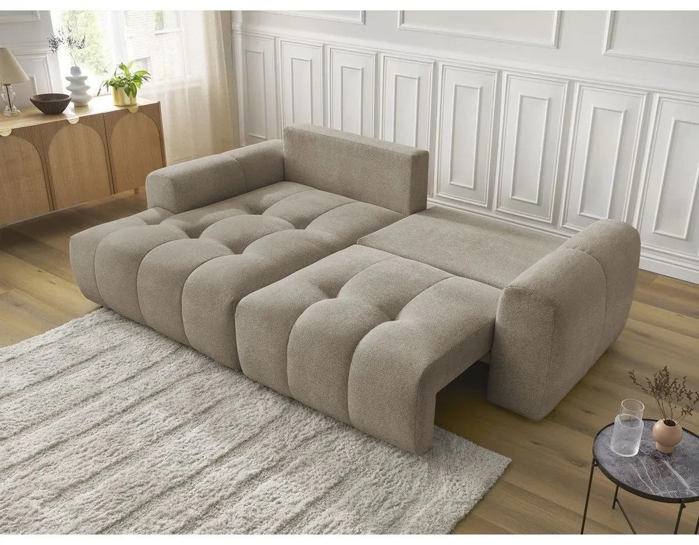 Beżowy rozkładany narożnik z tkaniny szenilowej ze schowkiem (lewostronny/z szezlongiem) Roxelane – Bobochic Paris