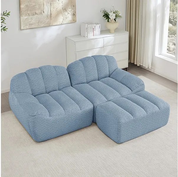 Canapé d'angle modulable en velours côtelé - 68cm d'assise profonds - 210x165x79cm - Bleu