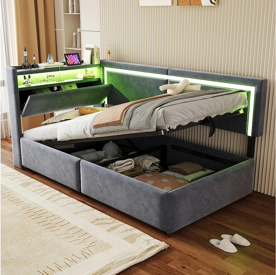 Łóżko dziecięce z pojemnikiem - 90 x 200 cm - z diodami LED + USB + otwierany zagłówek + hydrauliczny schowek - welur - szary