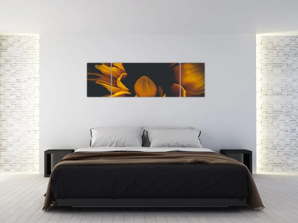 Obraz - Słoneczniki na czarnym tle (170x50 cm)