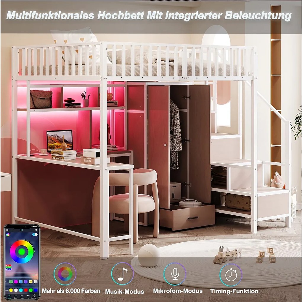 Łóżko piętrowe metalowe dla dzieci - 140 x 200 cm - z biurkiem + półką + szafą + szufladą + drabinką + diodami LED - białe
