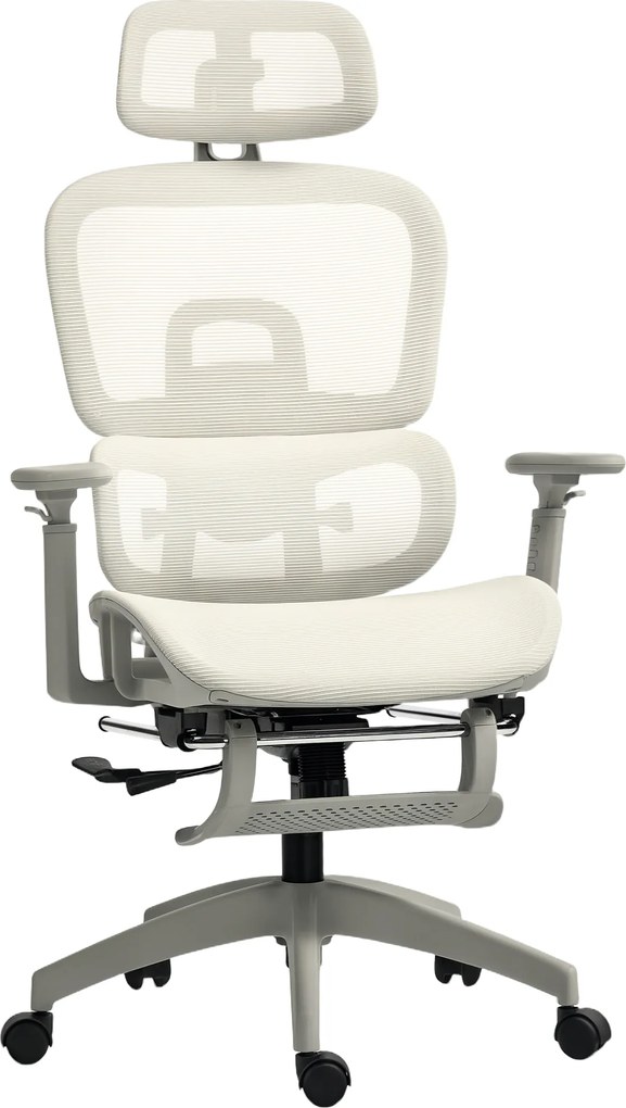 HOMCOM Fotel biurowy ergonomiczny z siatkowym obiciem, regulowany, na kółkach, z podłokietnikami i zagłówkiem, beżowy
