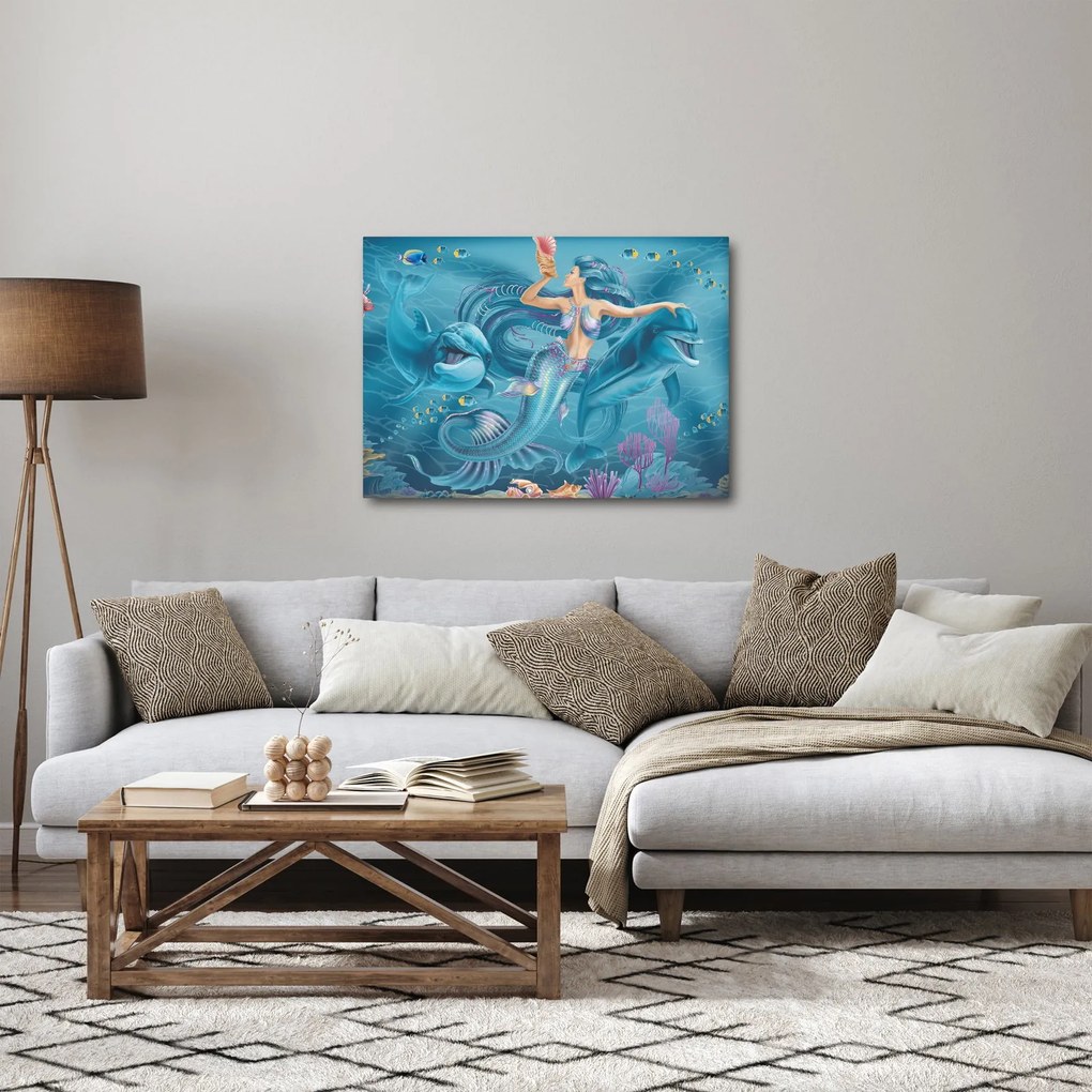Obraz - Syrenka z delfinami (70x50 cm)