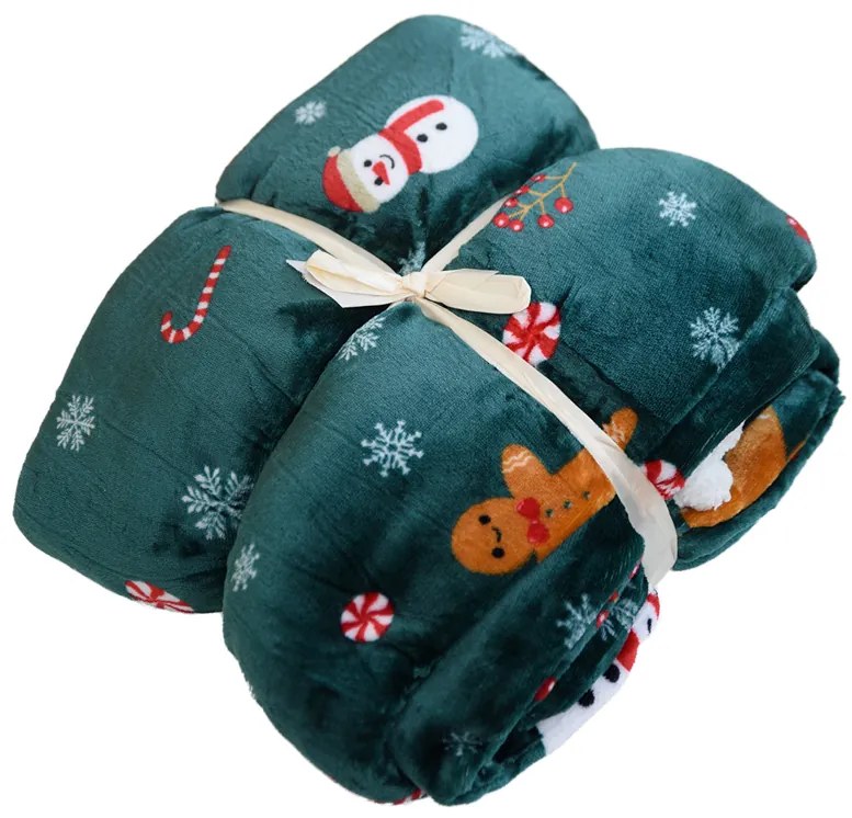 Świąteczny ciemnozielony koc z mikropluszu z barankiem SNOWMAN AND GINGERBREAD Rozmiar: 200 x 220 cm