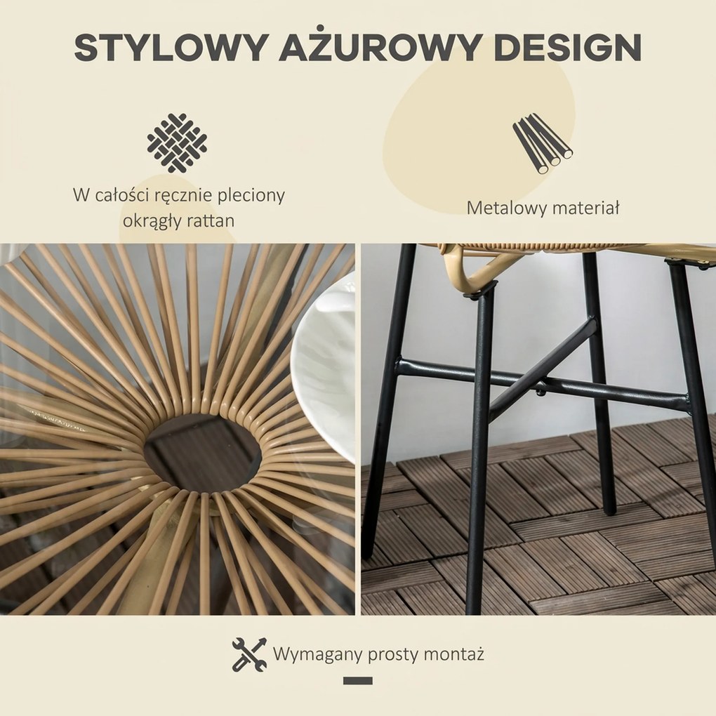 Outsunny Stolik Ogrodowy Boho PE-Rattan Hartowane Szkło Beżowy Odporność na Warunki Atmosferyczne | Aosom PL
