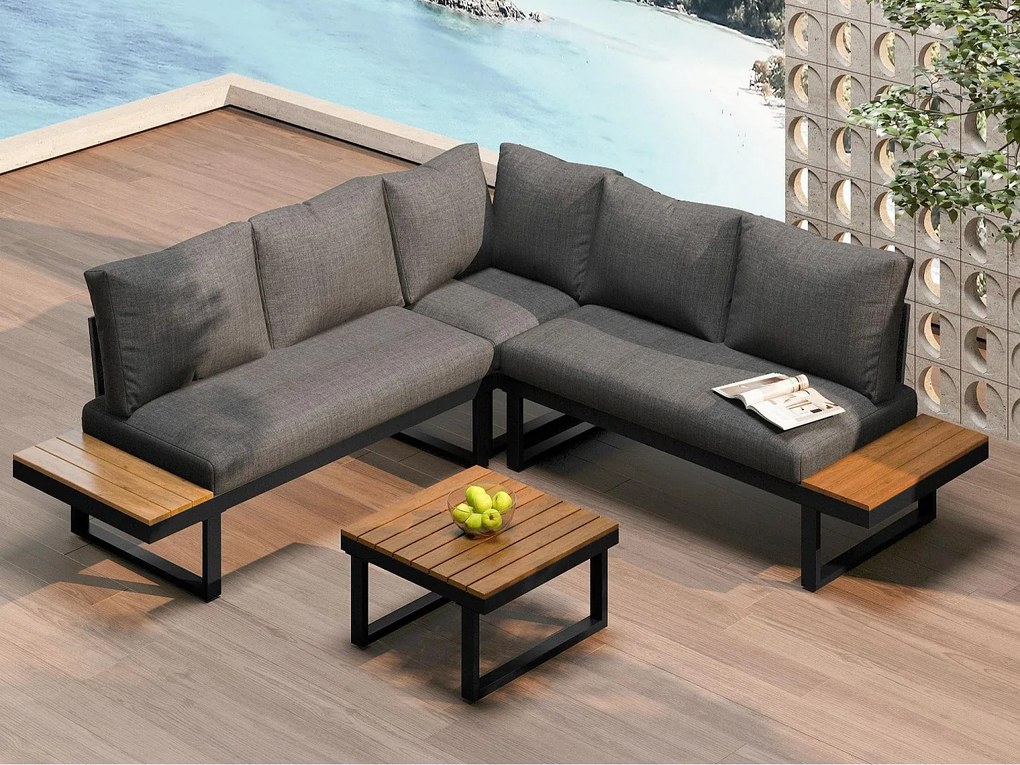Zestaw mebli ogrodowych - 4 miejsca - ze stali ocynkowanej - narożna kanapa - 1 stół w kolorze drewna - Szary
