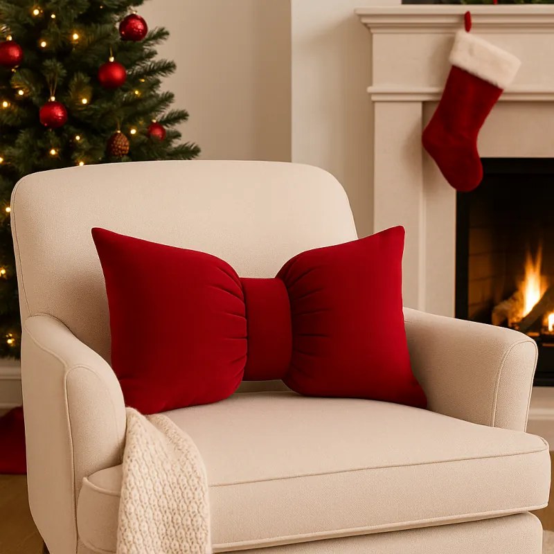 Aksamitna poduszka dekoracyjna w kształcie kokardy BOWERY, czerwona