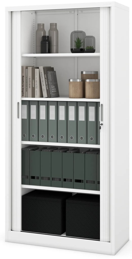 Metalowa szafa biurowa na akta z roletą DAMIAN, 900 x 1850 x 450 mm, biała