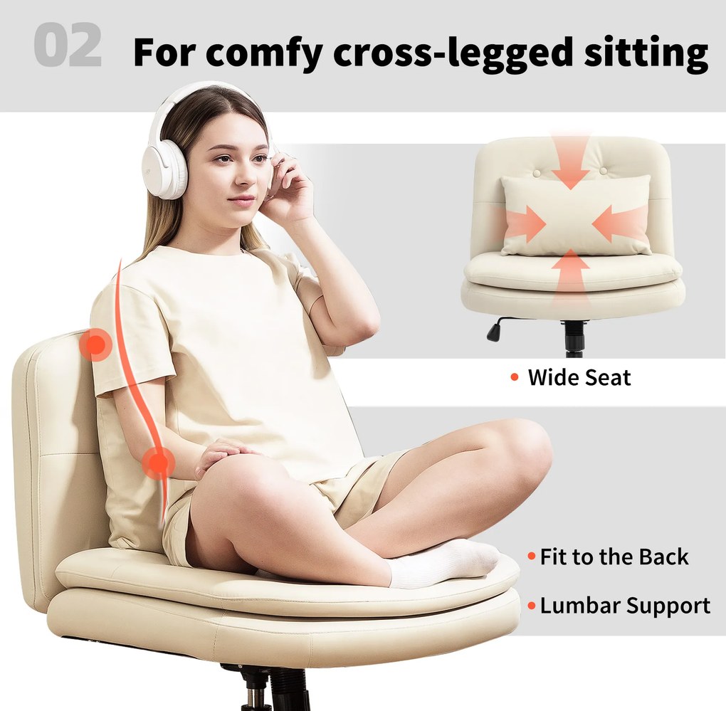 HOMCOM Fotel biurowy bez podłokietników z pokryciem ze sztucznej skóry, fotel biurowy z kółkami, dodatkowa poduszka, regulowany, obrotowy, beżowy