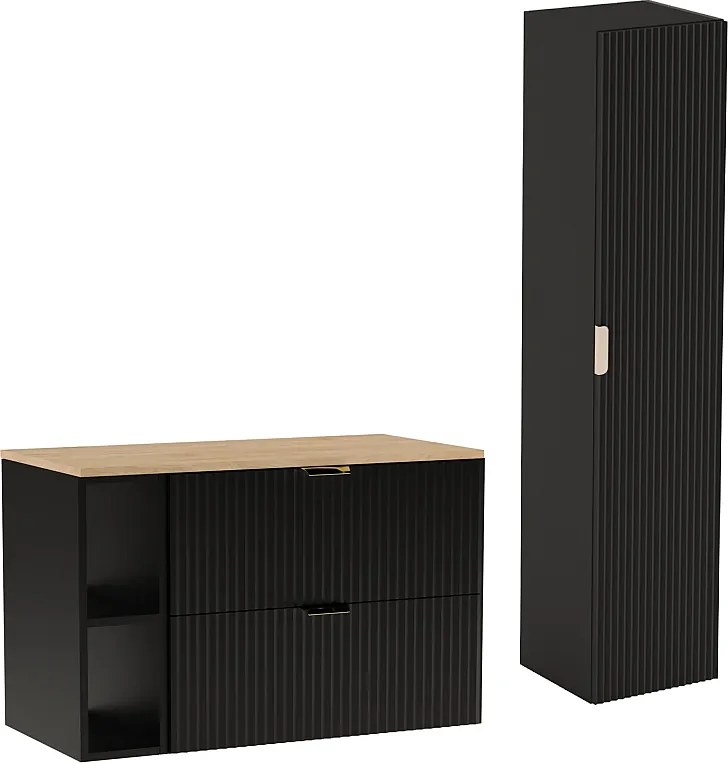 Czarny Zestaw Łazienkowy 100cm Szafka Regał Blat Orzech Słupek Ryflowane Fronty