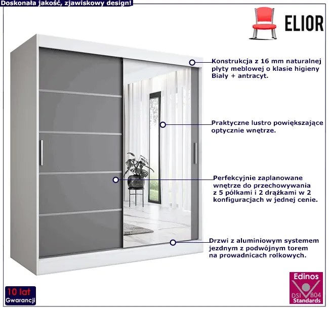 Szafa przesuwna 180 cm biel + antracyt - Marmos 5X