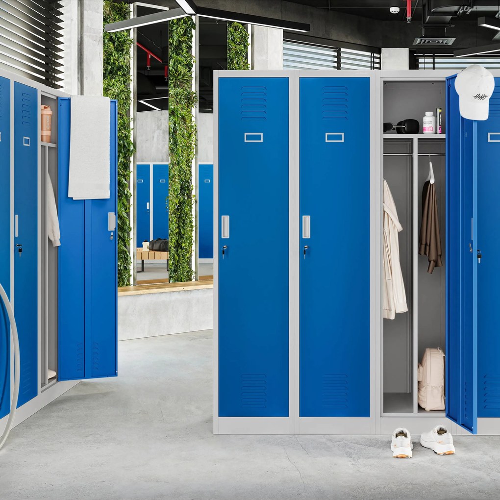 Szafka ubraniowa BHP szaro-niebieska: czterokomorowa KACPER, 800 x 1800 x 500 mm