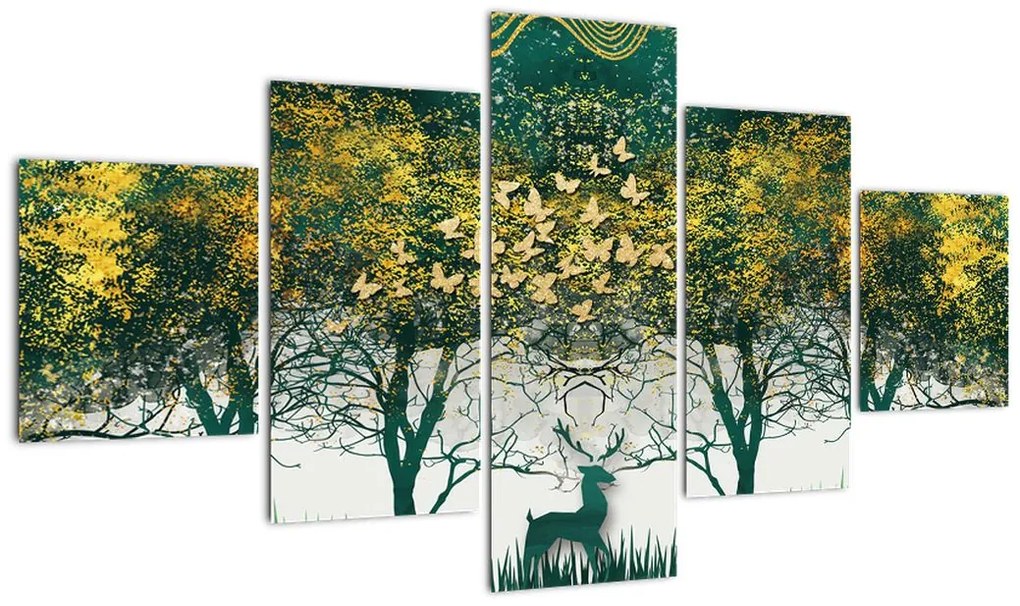 Obraz - Jelenie w zielonym lesie (125x70 cm)