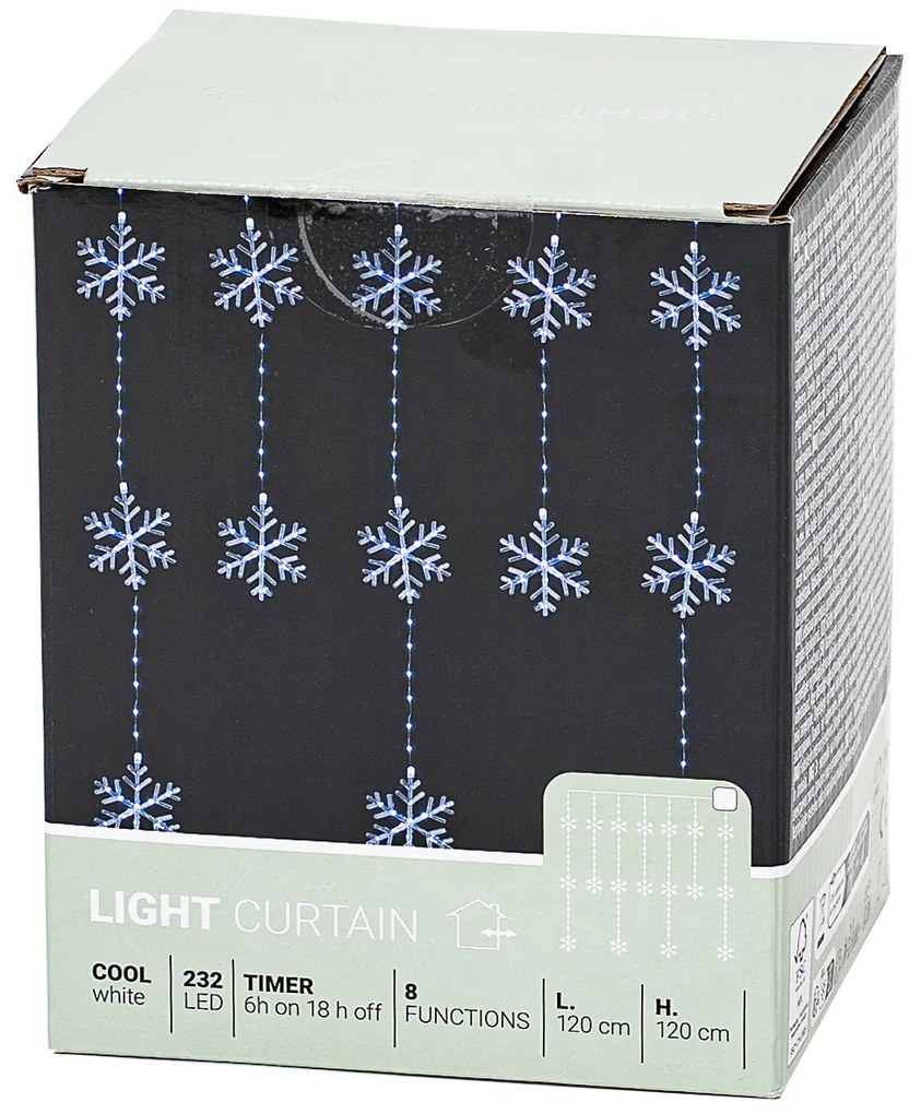 Kurtyna świetlna zewnętrzna Snowflakes, 120x120 cm, LED, zimna biała timer, 8 funkcji, na baterie, 120 cm
