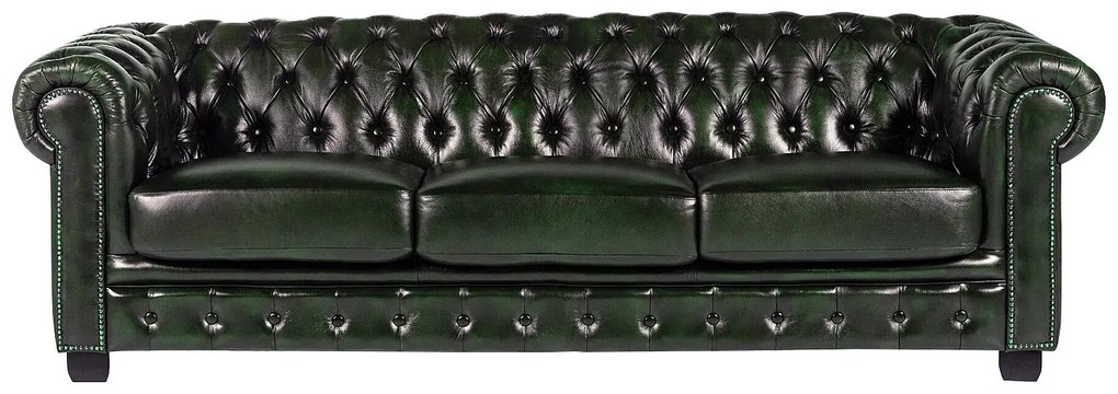 Kanapa 4-osobowa BRENTON w stylu chesterfield ze 100% bawolej skóry – Kolor: zieleń cesarska