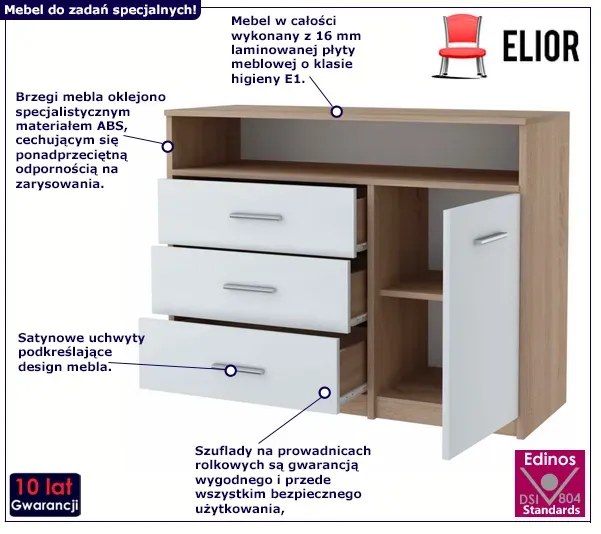Komoda z szufladami i półkami dąb sonoma + biały K1-D58