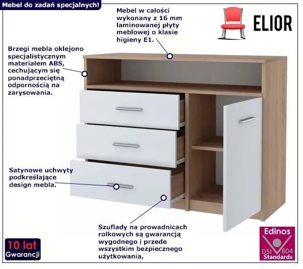 Komoda z szufladami i półkami dąb sonoma + biały Pogos 4X