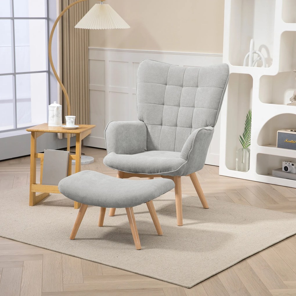 HOMCOM Fotel akcentowy w stylu skandynawskim, fotel z otomaną, zestaw, drewno bukowe, wykończenie corduroy, 72Dł. x 80Sz. x 101Wys. cm, Szary | Aosom PL
