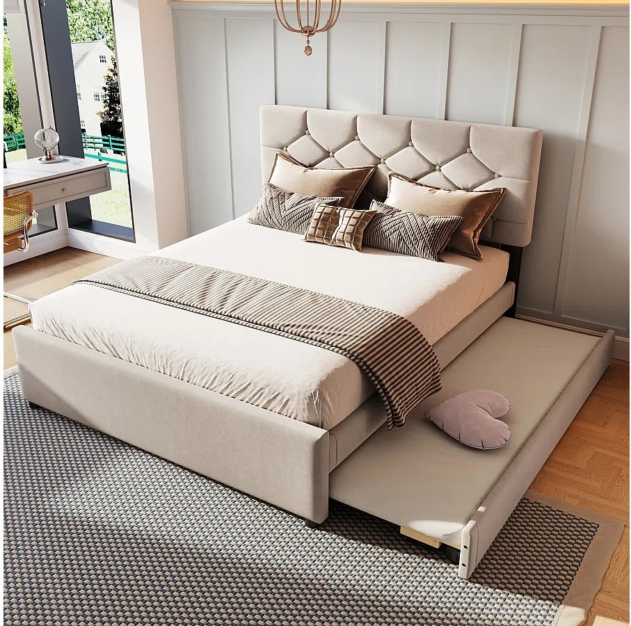 Łóżko dziecięce wysuwane - 140 x 200 cm + 90 x 190 cm z zagłówkiem - aksamitne - beżowe (bez materaca)